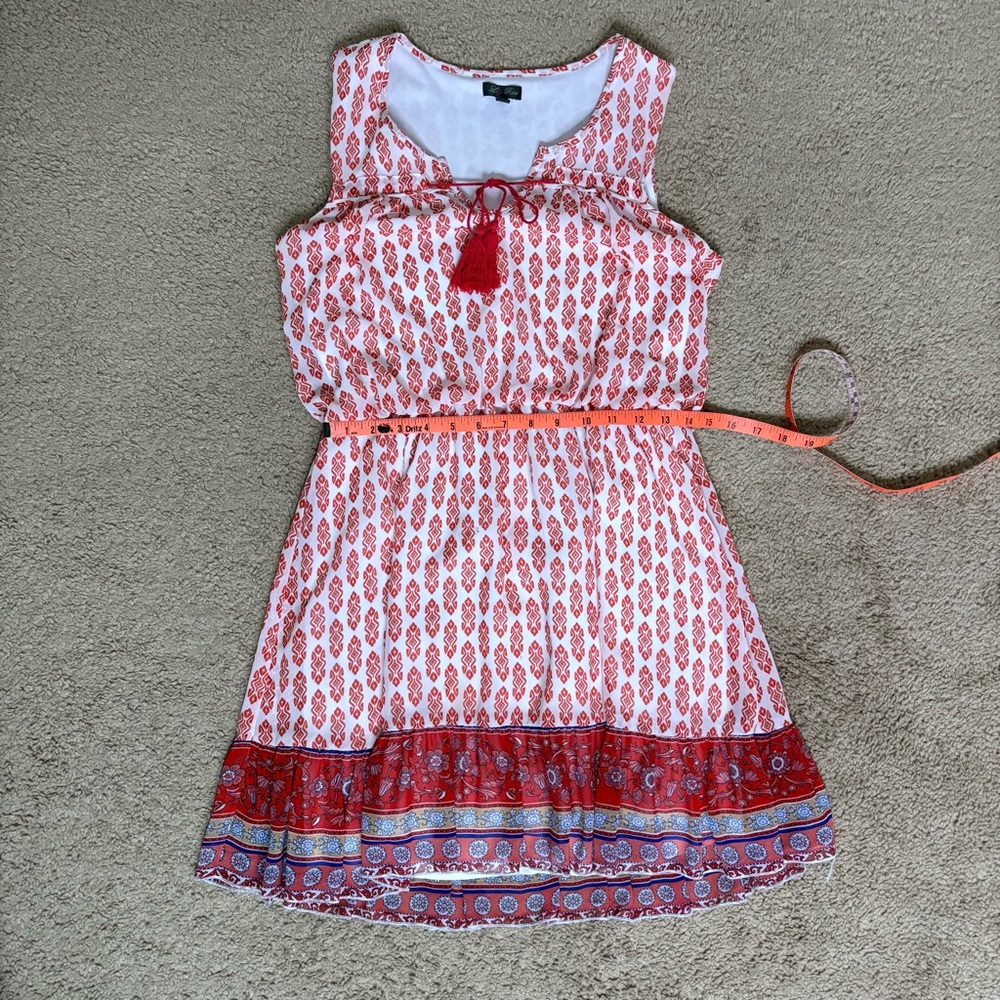 Lily Rose Split Neck Blouson Orange Print Chiffon Mini Boho Dress - Size: Medium - Picture 5 of 9